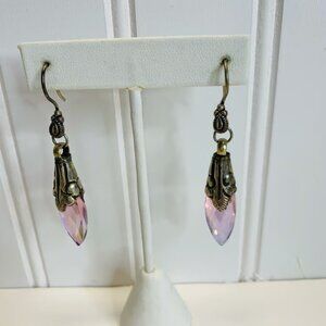 Pink Crystal Drop Silver Cap Fish Hook, 2.5" long Earrings